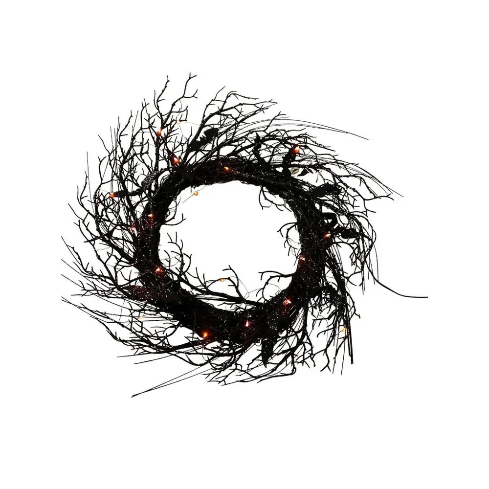 Halloween Black Grapevine Wreath Bats Orange Lights 18